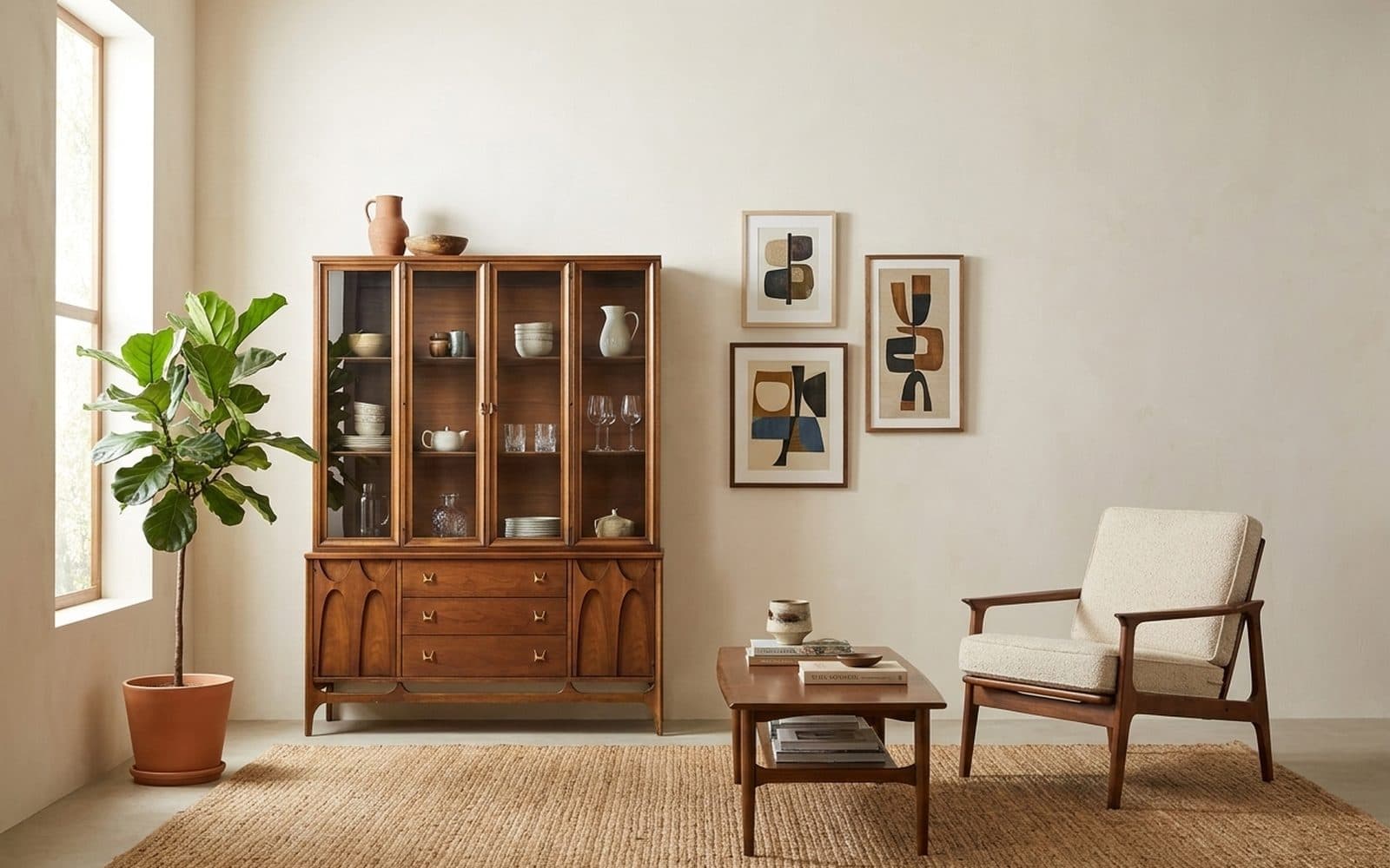 A dealer-curated mid-century modern living room with a walnut Broyhill Brasilia cabinet, a lounge chair, and a coffee table