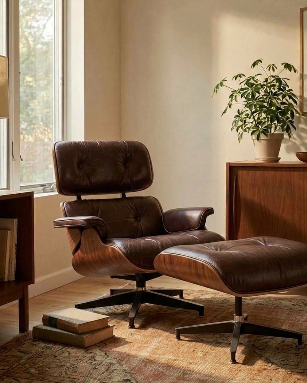 A vintage Eames 670 lounge chair and 671 ottoman in a warm, sunlit living room