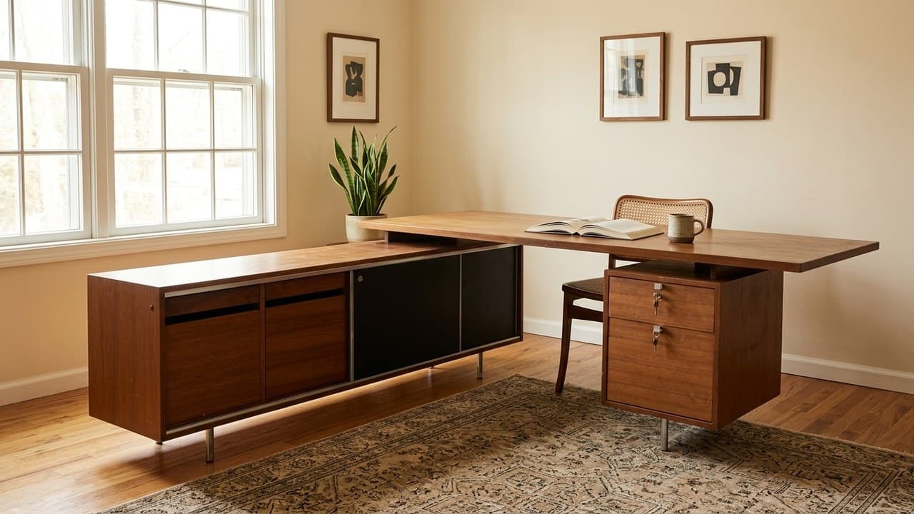 A full L-shaped George Nelson walnut desk in a lived-in mid-century modern room
