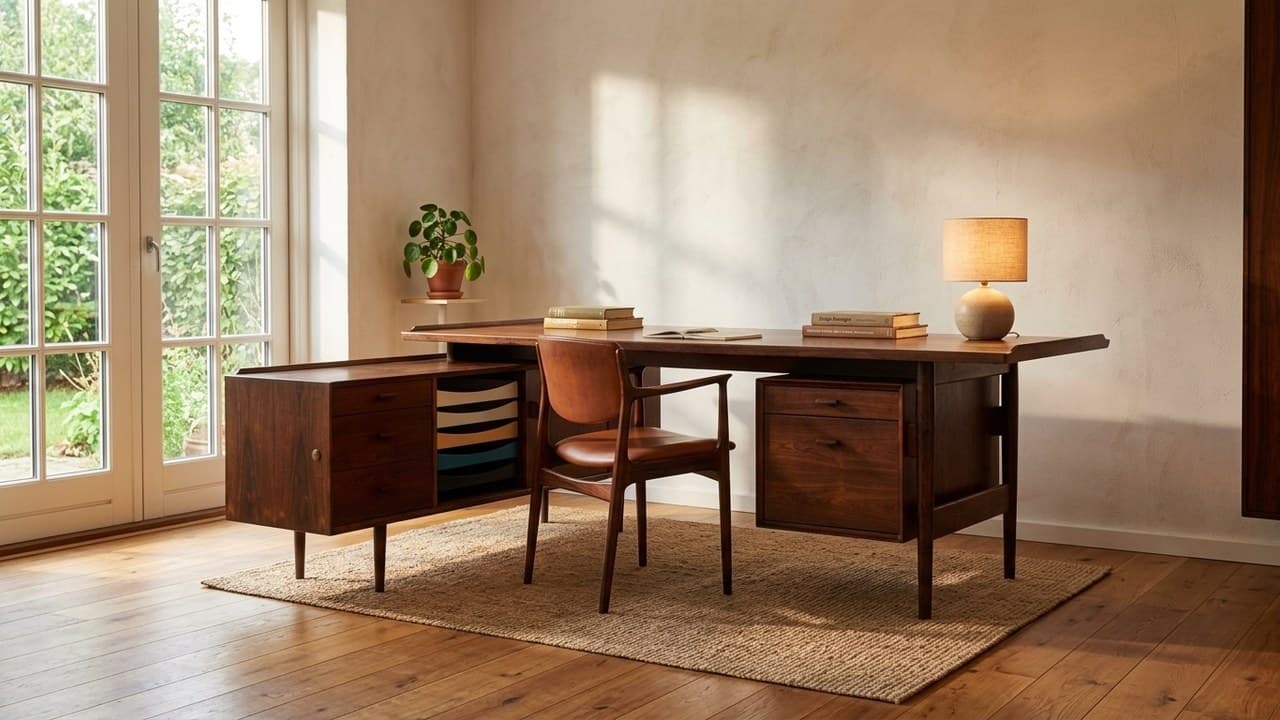 A full L-shaped Arne Vodder rosewood desk in a lived-in mid-century modern room