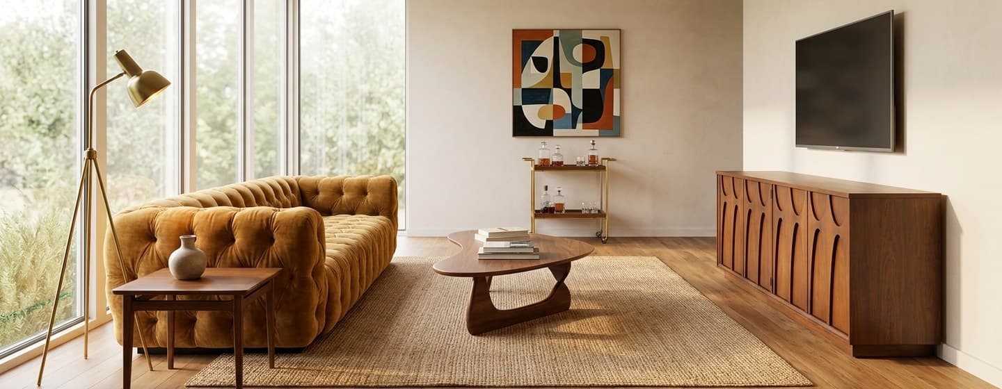 A calm, sunlit mid-century modern living room with a warm ochre tufted sofa and a Broyhill Brasilia walnut credenza