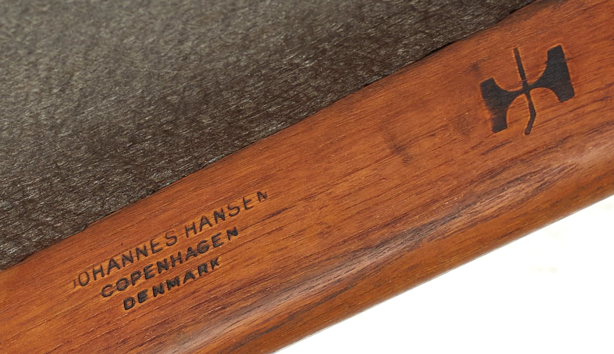 Wood-burned Johannes Hansen maker's stamp on Hans Wegner The Chair